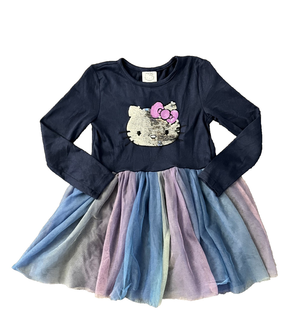 Childrens Girls Hello Kitty Size 5/6 Sequin Dark Blue Dress Fluffy Layered Skirt